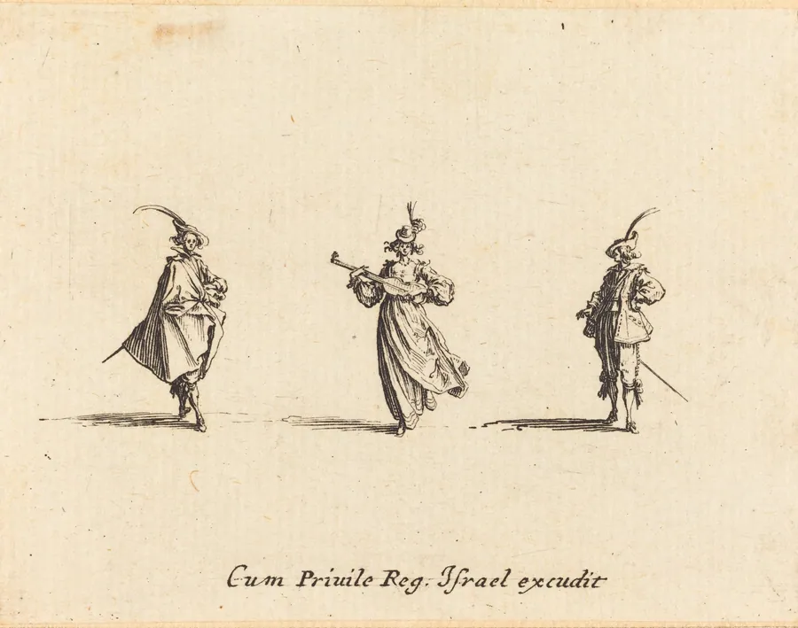 Lady with String Instrument, and Two Gentlemen by Jacques Callot