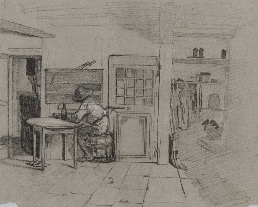 A Farmhouse Interior with a Boy at a Table by Alexandre-Gabriel Decamps