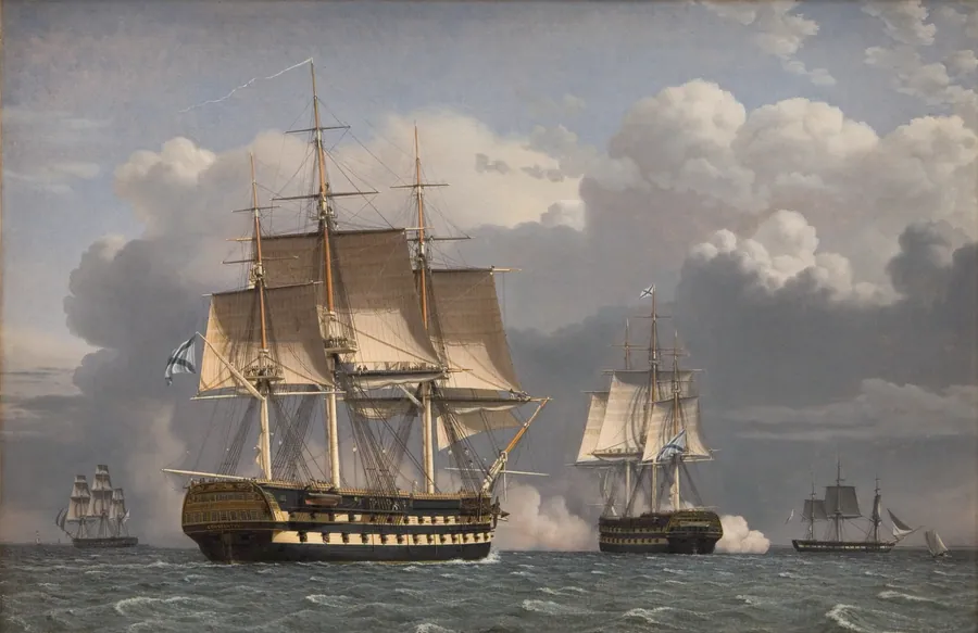 To russiske linjeskibe som saluterer by C.W. Eckersberg