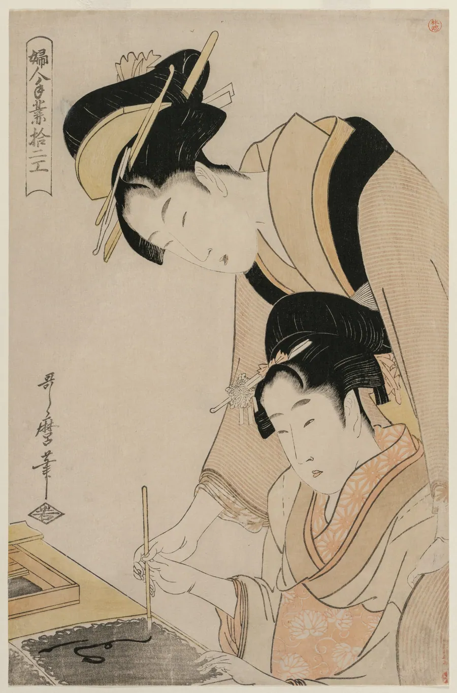 Mother Teaching her Daughter Calligraphy, from the series, Twelve Occupations of Women by Kitagawa Utamaro