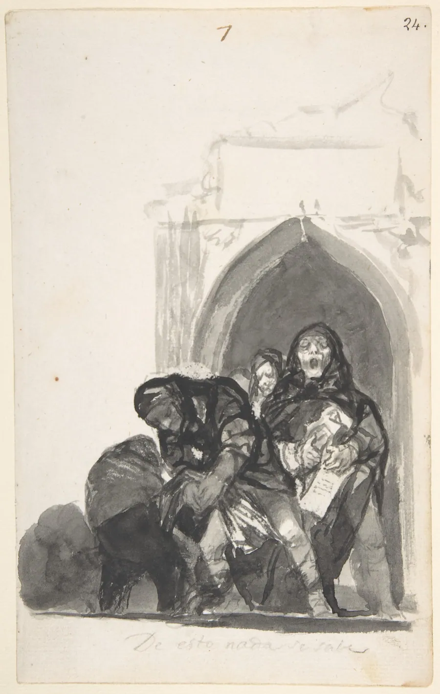 'Nothing is Known of This' ; two figures picking up a body in front of a church, a monk singing next to them and another in the background; page 7 from the Witches and Old Women Album (D) by Goya (Francisco de Goya y Lucientes)