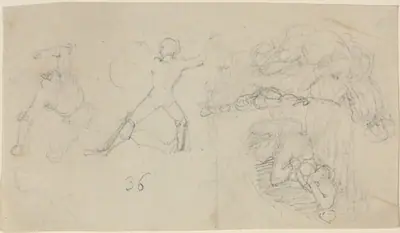 Sheet of Sketches, including Two Warriors Fighting
