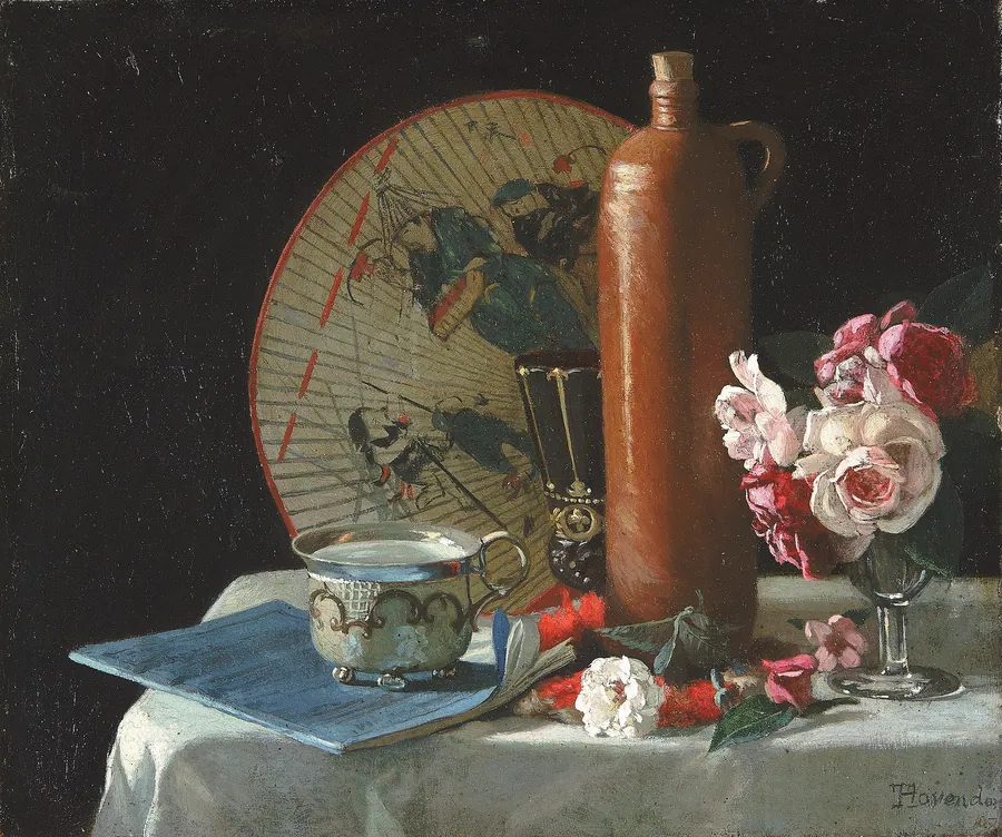 Still Life with Fan and Roses by Thomas Hovenden, born Dunmanway, Ireland 1840-died Plymouth Meeting, PA 1895