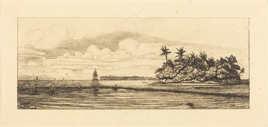 Océanie, ilots à Uvea (Wallis); Peche aux palmes, 1845 (Oceania: Fishing, Near Islands with Palms in the Uea or Wallis Group) by Charles Meryon
