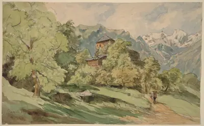 The Castle of Bürglen with the Alps Beyond