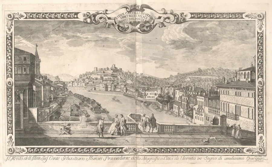 Lidue Castelli di Verona, S. Pietro Felice, Veduti dal Ponte Nuovo by Dionigi Valesio