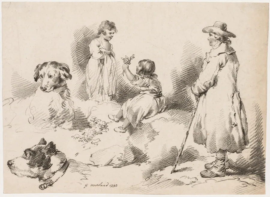 Studies of Children (Two Little Girls); Two Dogs; A Man by George Morland