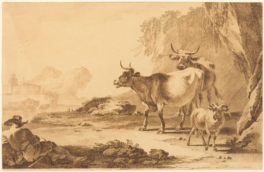 Landscape with Cattle, a Goat, and a Resting Shepherd by Pietro Giacomo Palmieri