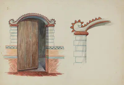 Restoration Drawing: Wall Decoration Over Doorway, Facade of Mission House
