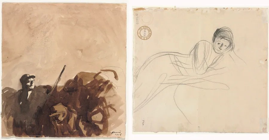 Soldier in a Trench (recto) Reclining Woman (verso) by Jean Louis Forain