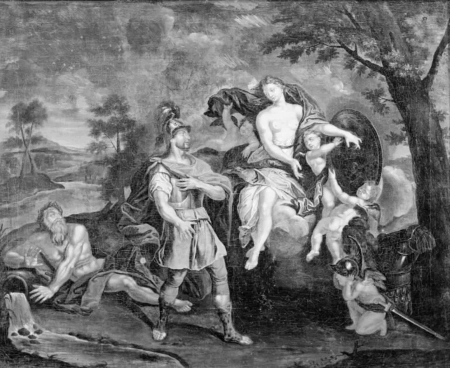 Mars synes at forsikre den i skyer siddende Venus om sin kærlighed. Imidlertid leger amoriner med hans våben by Ubekendt