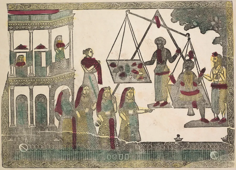 Krishna weighed against precious objects(?) (verso), from a Kalighat album by Shri Gobinda Chandra Roy