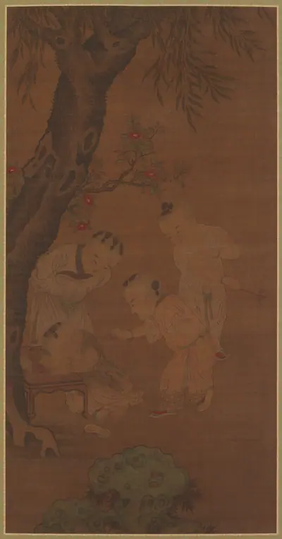 Four children under a willow tree