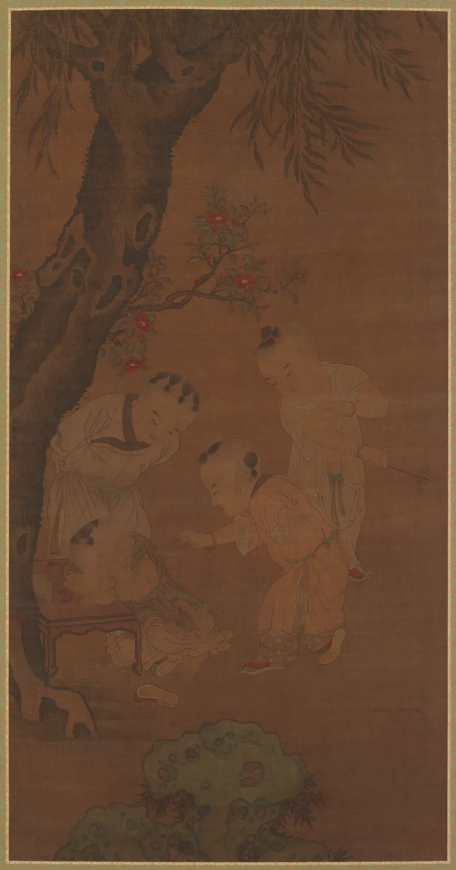 Four children under a willow tree by Formerly attributed to Qian Xuan 錢選 (late 13th century)