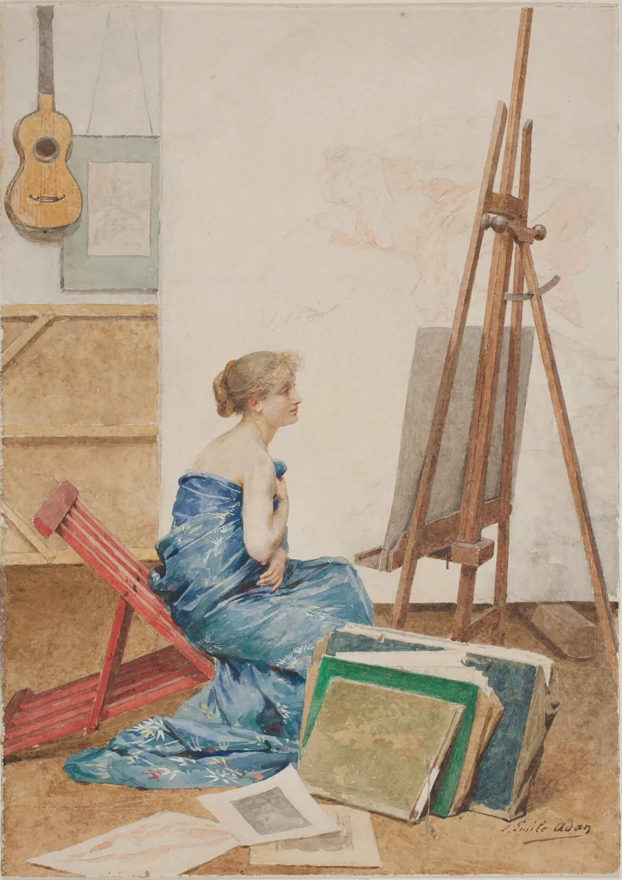 A Painter's Studio with a Model Wrapped in Japanese Silk by Louis Emile Adan