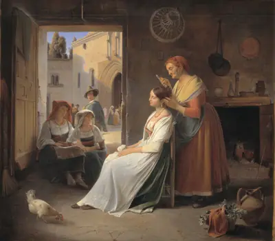 En ung italiensk kvinde, som smykkes af sin mor