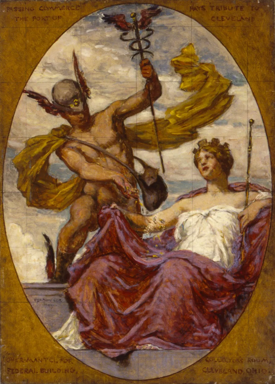 Study for Mural at U.S. Custom House, Cleveland, OH, "Passing Commerce Pays Tribute to the Port of Cleveland" by Kenyon Cox, born Warren, OH 1856-died New York City 1919