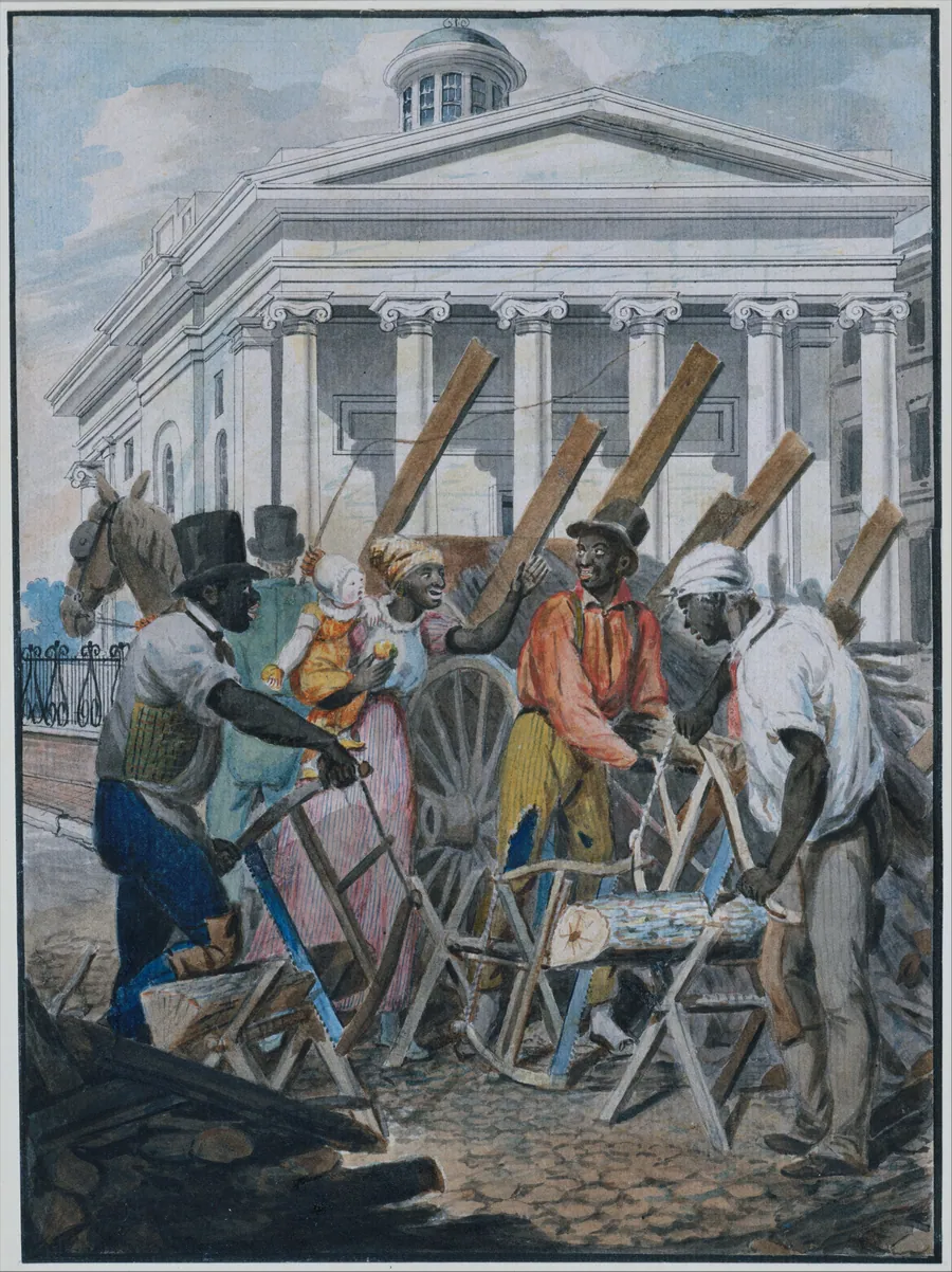 Black Sawyers Working in front of the Bank of Pennsylvania, Philadelphia by John Lewis Krimmel