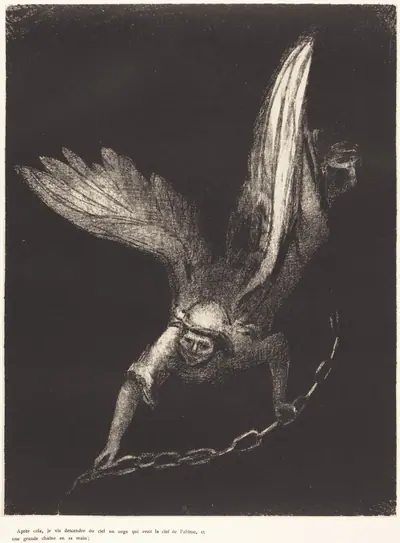 Apres cela je vis descendre du ciel un ange qui avait la clef de l'abime, et une grande chaine en sa main (And I saw an angel come down from heaven, having the key of the bottomless pit and a great chain in his hand)