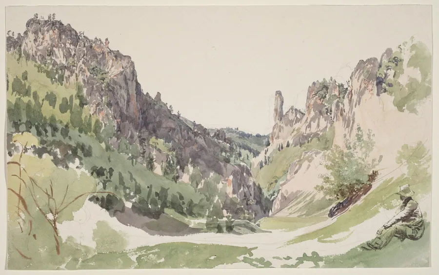 A Seated Man Contemplating a Sunlit Mountain Valley by Jakob Alt