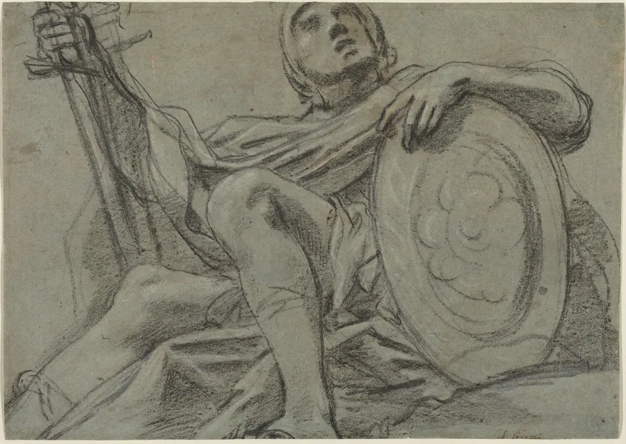 Seated Warrior Holding a Sword and Shield [recto] by Giacomo Cavedone