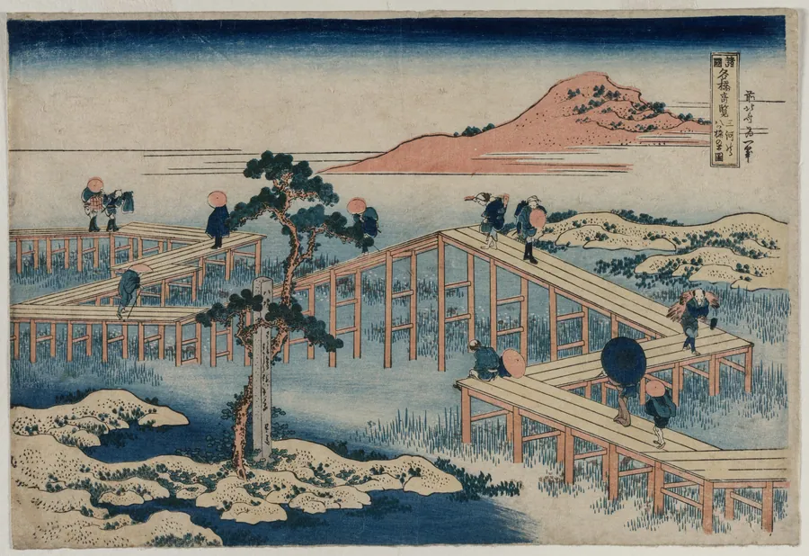An Ancient Picture of the Eight Part Bridge in Mikawa Province (from the series Curious Views of Famous Bridges in the Provinces) by Katsushika Hokusai