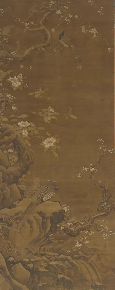 Pheasants and snow-covered plum blossoms