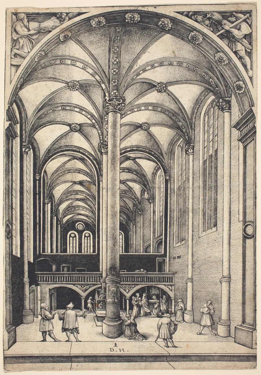 Interior of  the Church of Saint Maria Magdalena with the Parable of the Offering of the Widow by Daniel Hopfer
