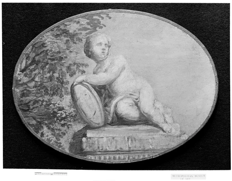 Putto on a pedestal against background of verdure by French Painter