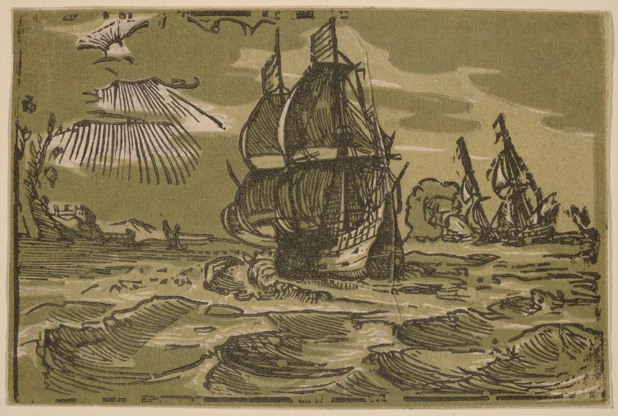 Two Three-Master Ships off a Coastline by Willem Jansz. Blaeu