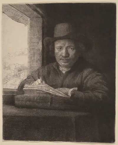 Self-Portrait Etching at a Window