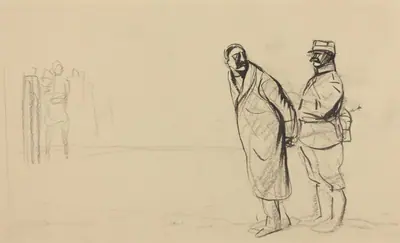 a) Au front de Vincennes, Bolo pacha (recto); b) Sketch for Au front de Vincennes, Bolo pacha (verso)