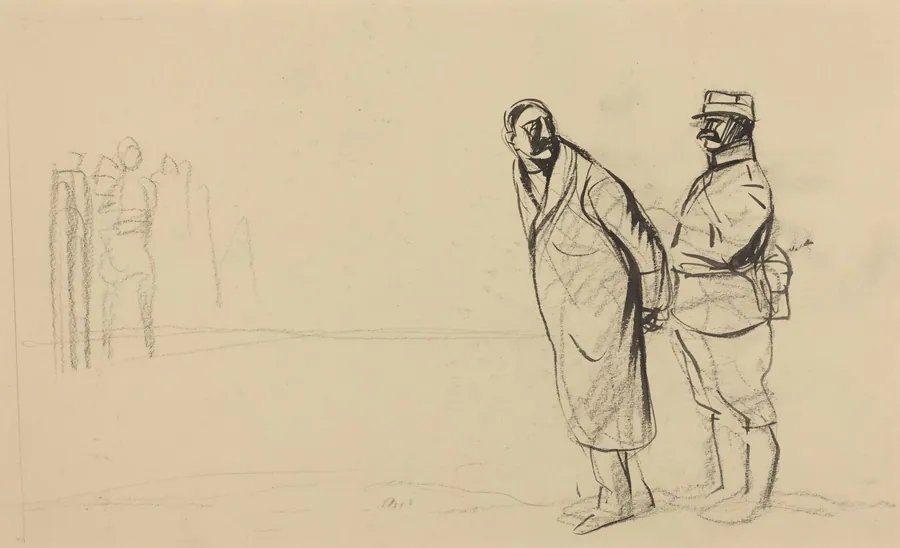 a) Au front de Vincennes, Bolo pacha (recto); b) Sketch for Au front de Vincennes, Bolo pacha (verso) by Jean-Louis Forain