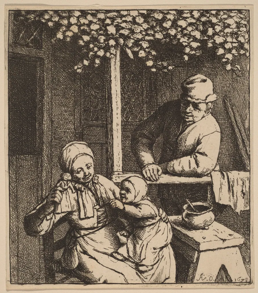 Peasant Family on a Porch with a Girl Reaching for a Doll by Adriaen van Ostade