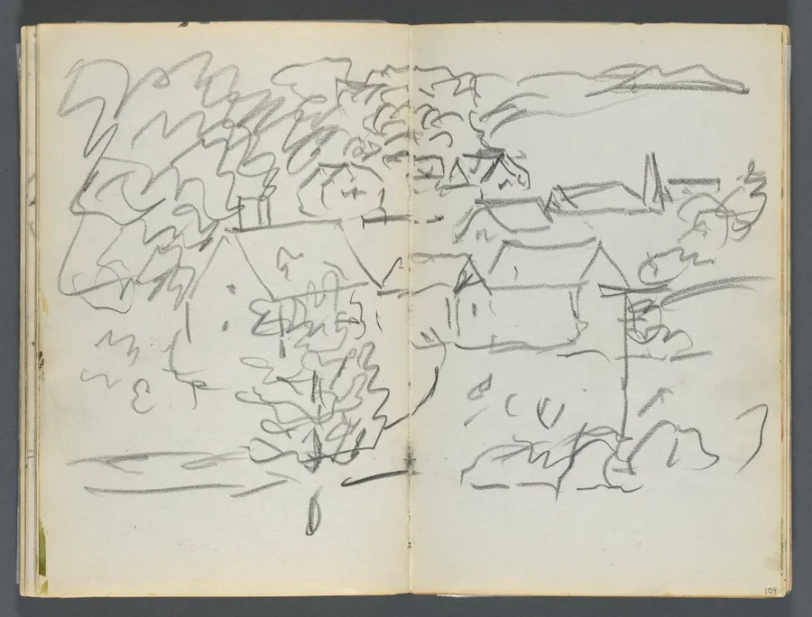 Sketchbook, The Dells, N° 127, page 108 & 109: Landscape with Houses by Maurice Prendergast