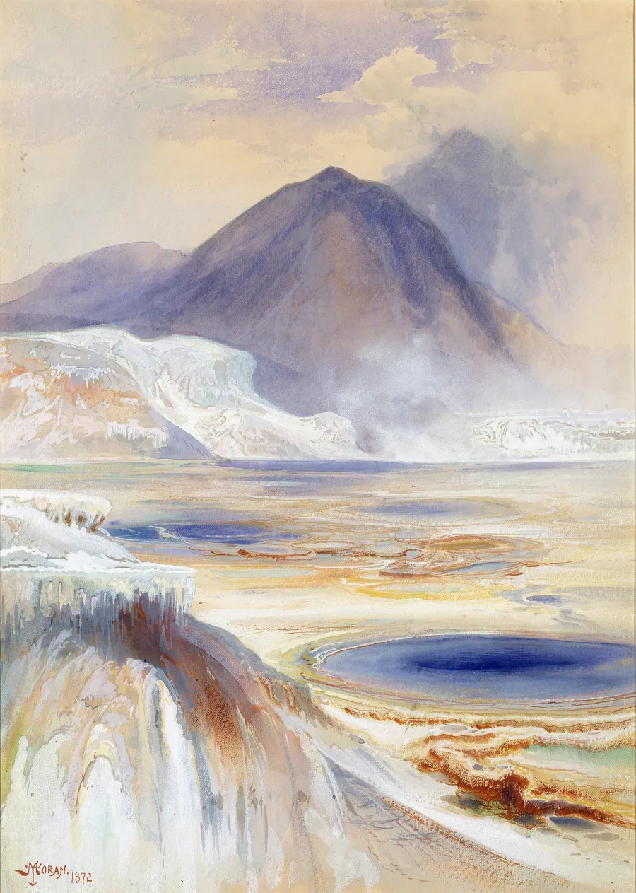 Mammoth Hot Springs, Yellowstone by Thomas Moran, born Bolton, England 1837-died Santa Barbara, CA 1926