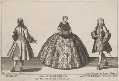 Redingote/Dame en Habit d'Hyver en Manchon/Veste et Parrement d'Etofe d'Or