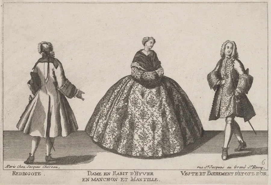 Redingote/Dame en Habit d'Hyver en Manchon/Veste et Parrement d'Etofe d'Or by Jacques Chéreau
