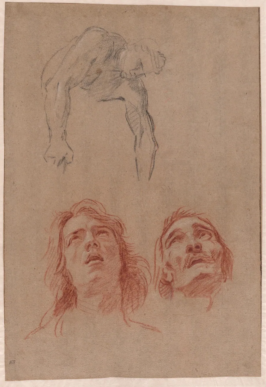 Man Reaching Down and Two Studies of Heads (recto) by Jean-Baptiste Jouvenet
