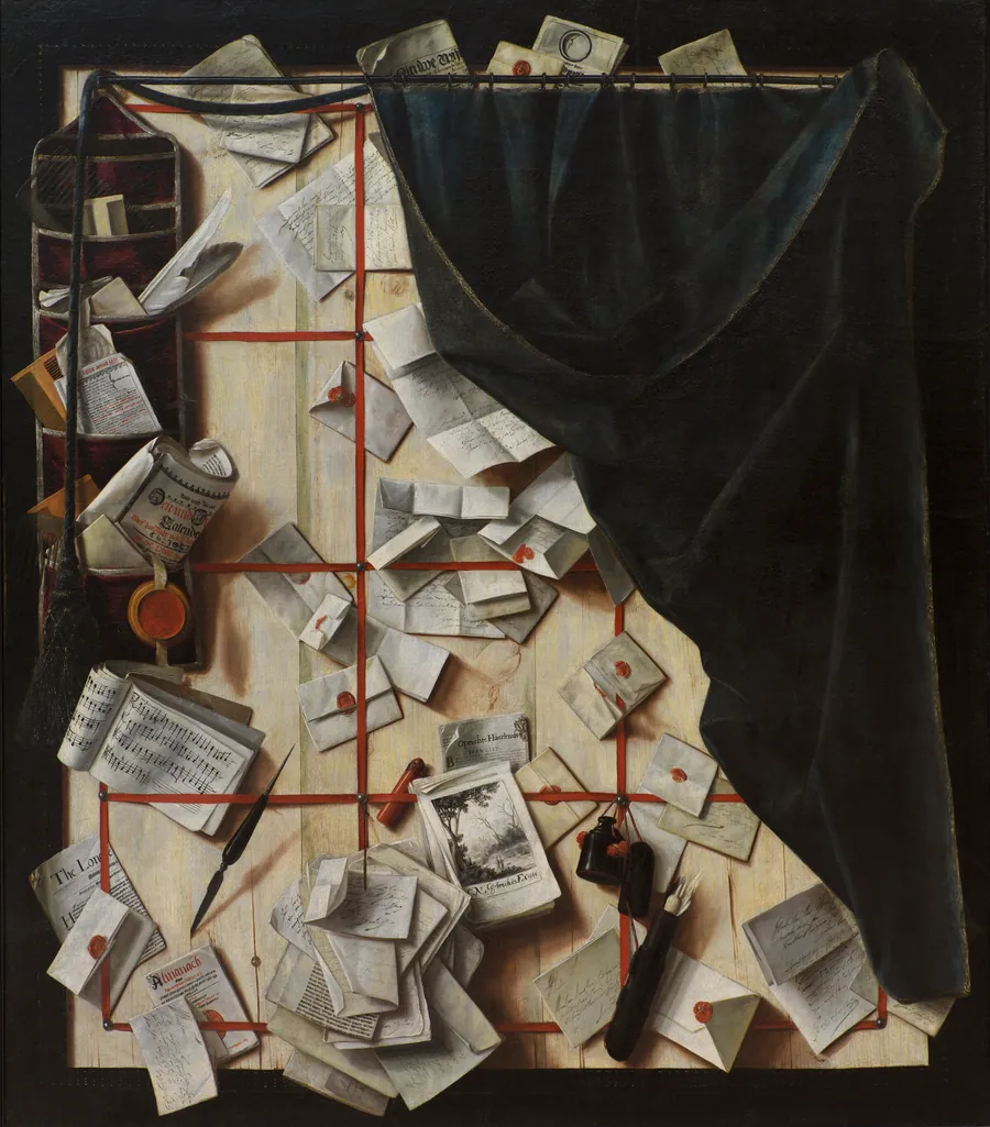 Trompe l'oeil. Brevvæg med kamfoder og nodehæfte. by Cornelius Norbertus Gijsbrechts