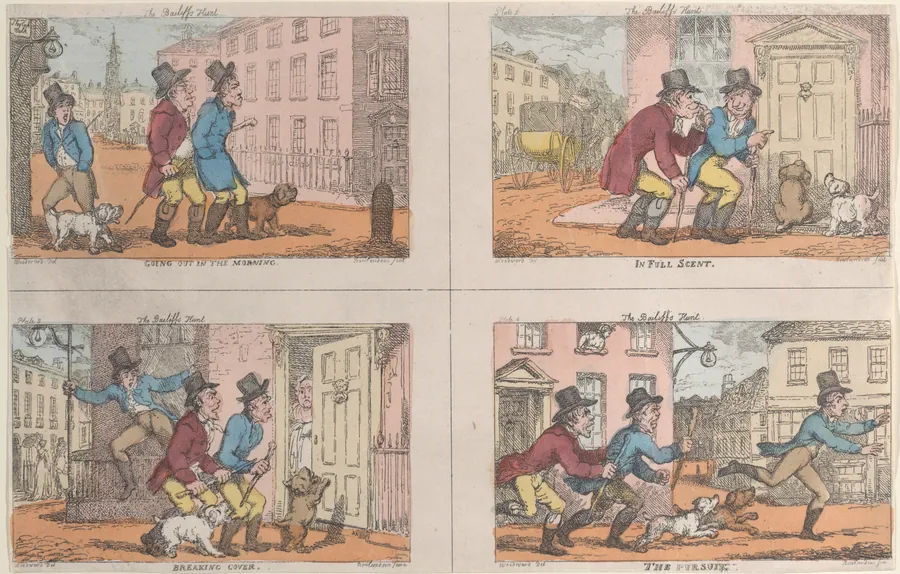 The Bailiff's Hunt: Going Out in the Morning, In Full Scent, Breaking Cover, and The Pursuit by Thomas Rowlandson