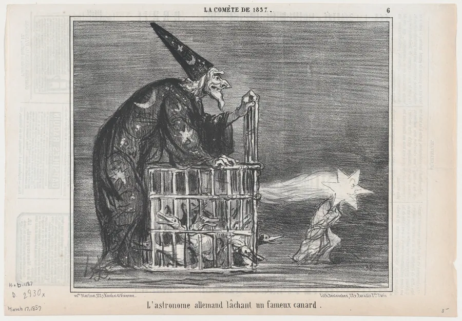 L'astronome allemand lâchant un fameux canard, from La Comète de 1857, published in Le Charivari, March 17, 1857 by Aaron Martinet