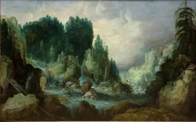 Bjerglandskab med flod og vandfald