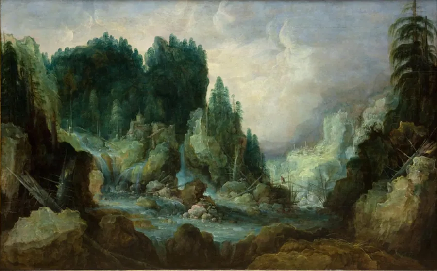 Bjerglandskab med flod og vandfald by Monogrammist IVDS