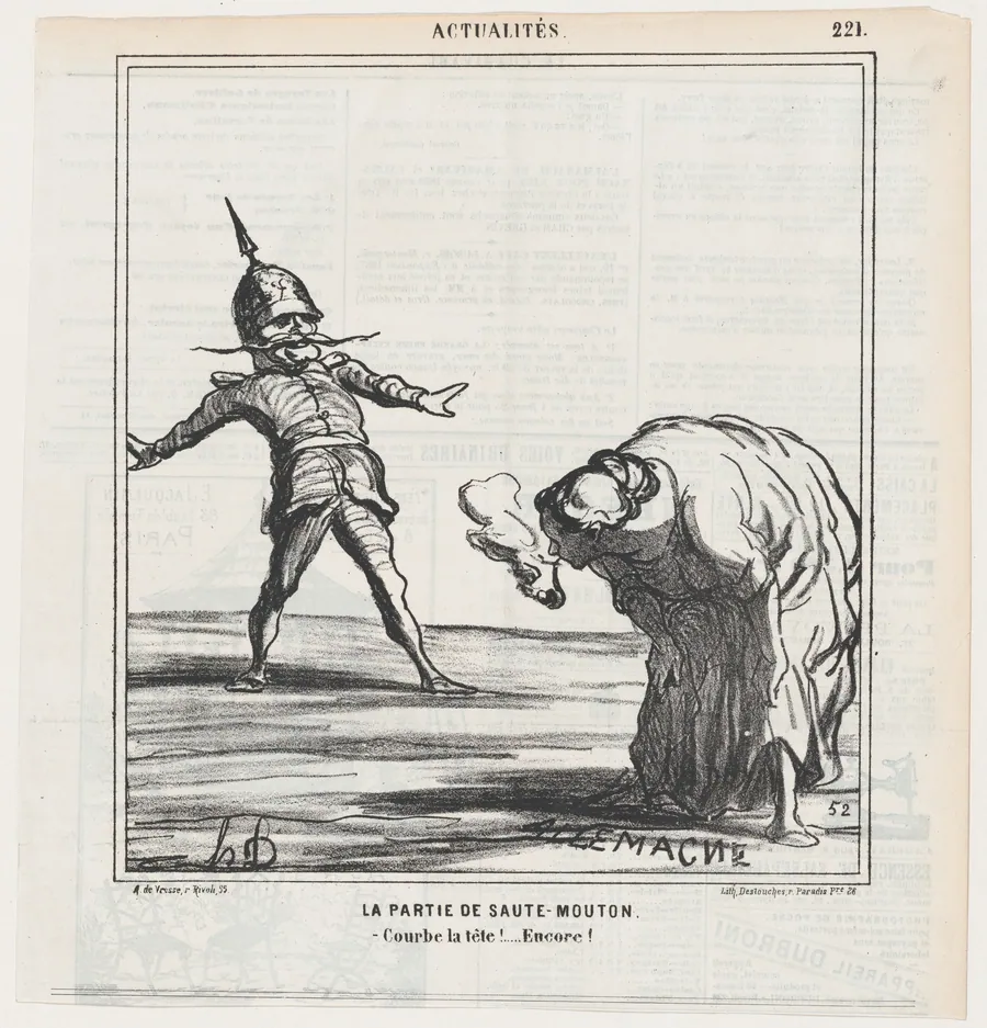 The leapfrog game: Bend your head down! Again!, from 'News of the day,' published in Le Charivari, October 20, 1868 by Destouches