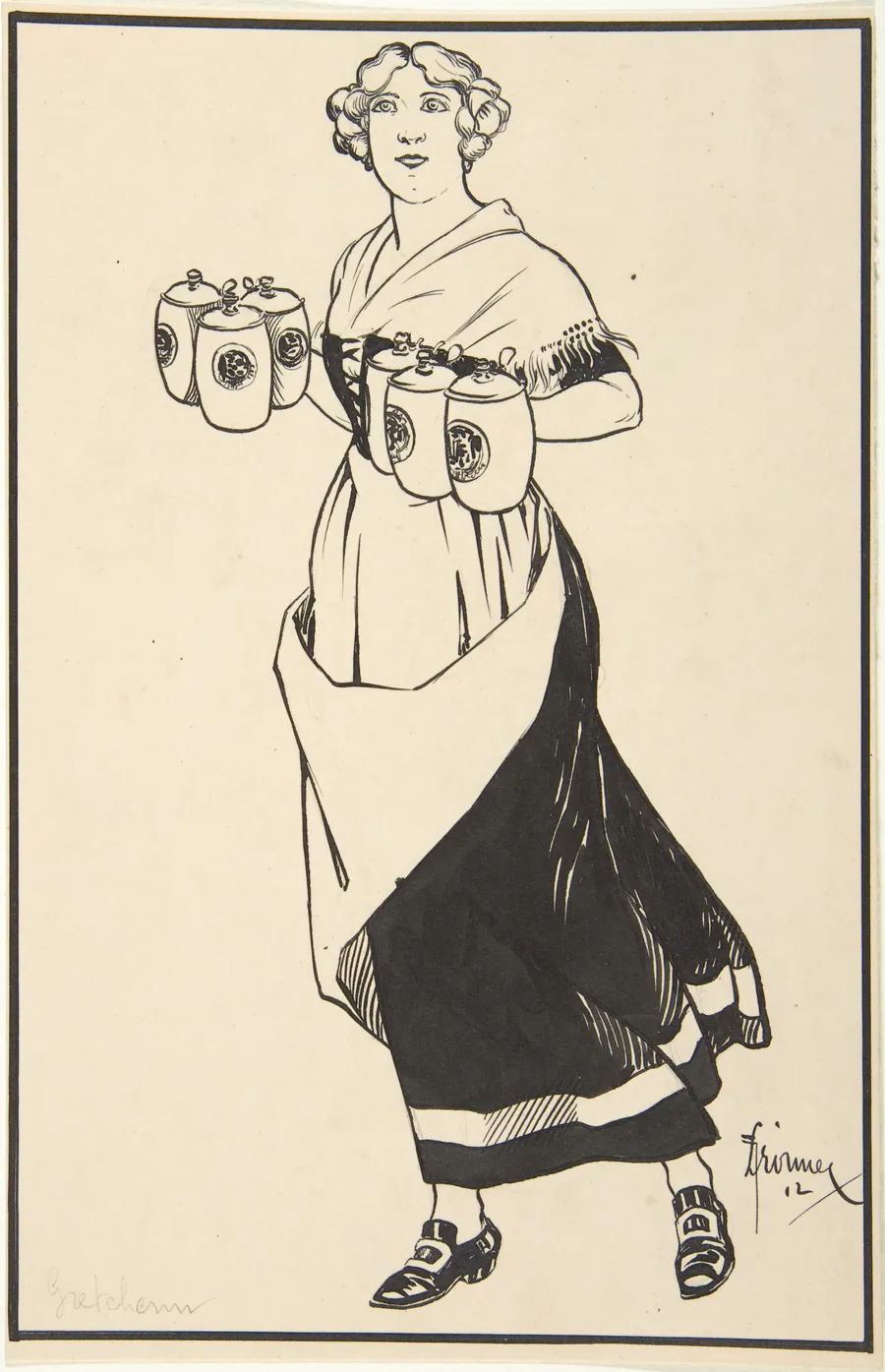 Woman Carrying Beer Steins by F. Droimer