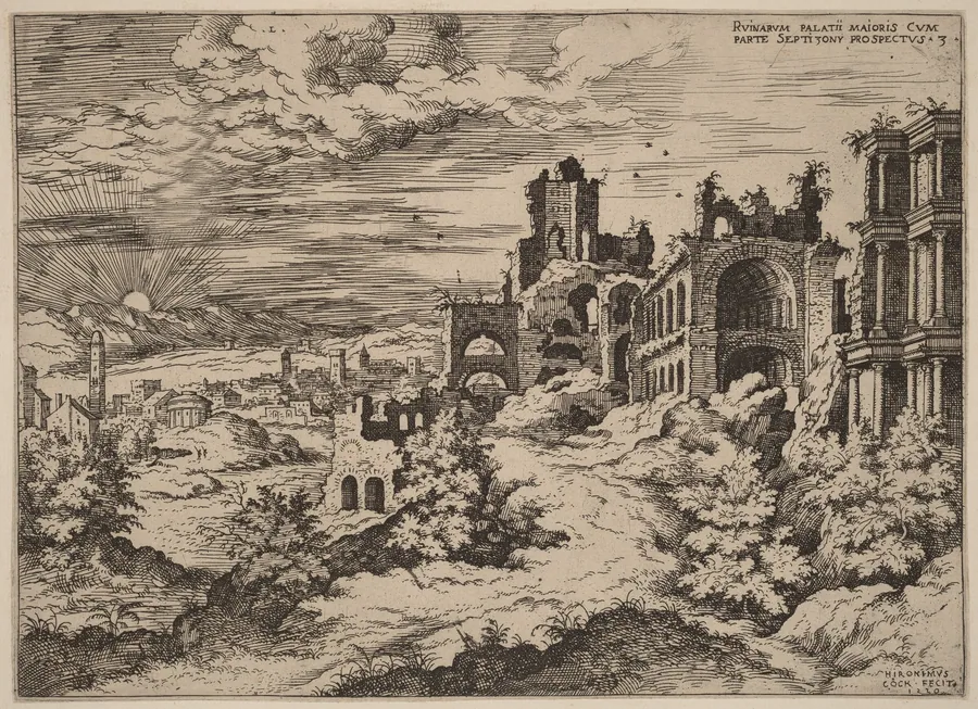 Ruins on the Palatine with a Panoramic Landscape by Hieronymus Cock