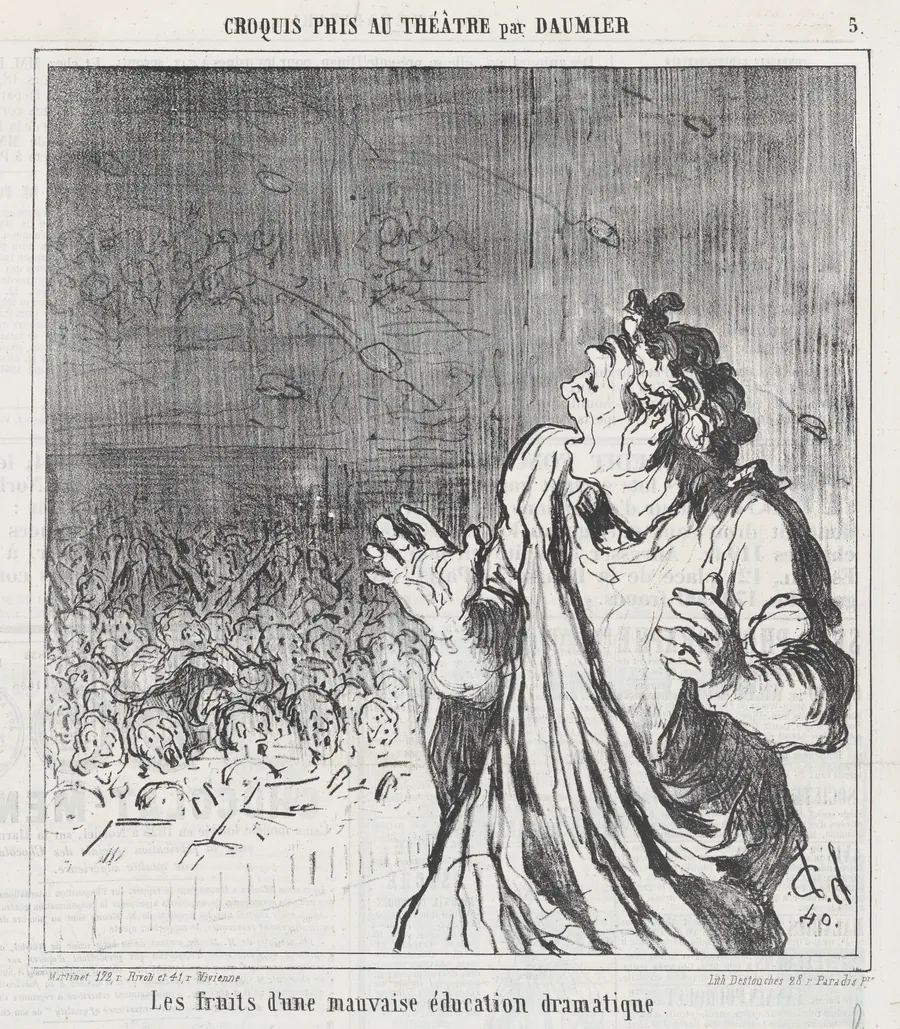 The results of bad dramatic timing, from 'Theater sketches,' published in Le Charivari, 1864 by Aaron Martinet