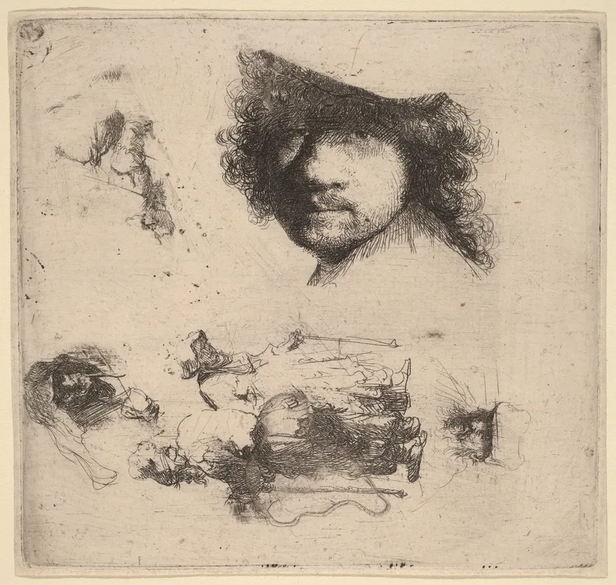 Sheet of Studies including Head of the Artist, a Beggar Couple, Heads of an Old Man and Old Woman by Rembrandt van Rijn