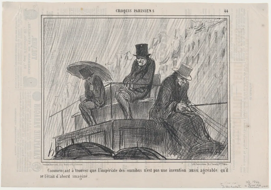 Commençant à trouver que l'imperiale des omnibus..., from Croquis Parisiens, published in Le Charivari, February 10, 1858 by Aaron Martinet